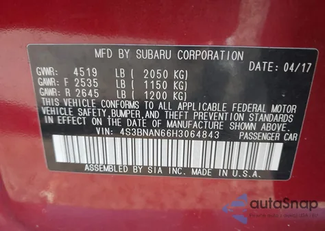 2017 Subaru Legacy 2.5I Limited z USA, uszkodzony, nr VIN 4S3BNAN66H3064843